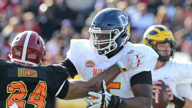 Jan 25, 2020; Mobile, AL, USA; North offensive tackle Matt Peart of Connecticut (65) in the first half of the 2020 Senior Bowl college football game at Ladd-Peebles Stadium. Mandatory Credit: Chuck Cook-USA TODAY Sports
