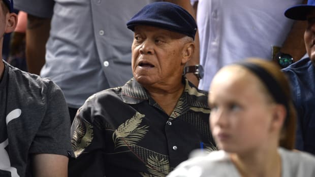 Sep 17, 2016; Phoenix, AZ, USA; Former Los Angeles player Maury Wills looks on during the game between the Arizona Diamondbacks and the Los Angeles Dodgers at Chase Field. Mandatory Credit: Joe Camporeale-USA TODAY Sports.