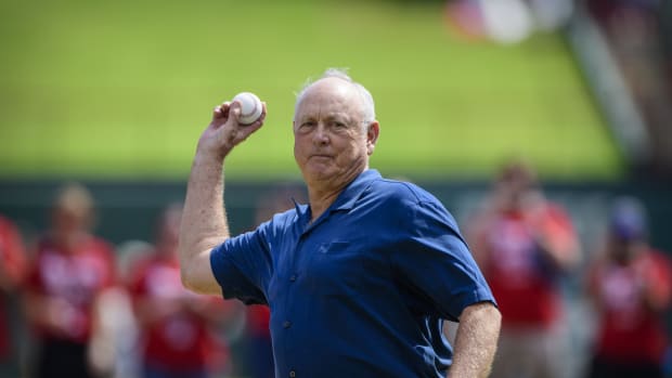Sep 29, 2019; Arlington, TX, USA; Former Texas Rangers pitcher Nolan Ryan throws out the first pitch before the game between the Rangers and the New York Yankees in the final home game at Globe Life Park in Arlington.