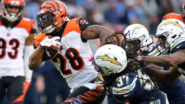 Cincinnati Bengals running back Joe Mixon (28) carries the ball in the fourth quarter of a Week 14 NFL football game against the Los Angeles Chargers, Sunday, Dec. 9, 2018, at StubHub Center in Carson, California. The Los Angeles Chargers won 26.21. Cincinnati Bengals At Los Angeles Chargers 12 9 2018 Week 14