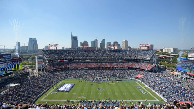 General view of Nissan Stadium and downtown Nashville skyline during a NFL football game between the Oakland Raiders and the Tennessee Titans.