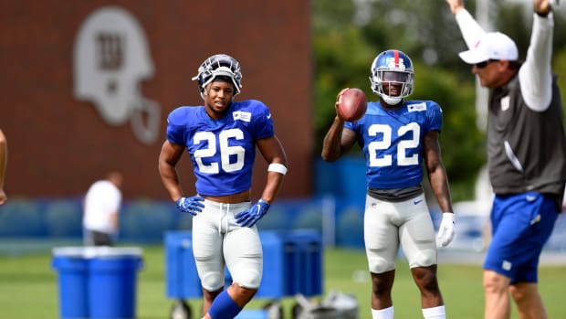 New York Giants running backs Saquon Barkley (26) and Wayne Gallman Jr. (22) on the field during training camp on Monday, August 5, 2019, in East Rutherford. Nyg Training Camp.