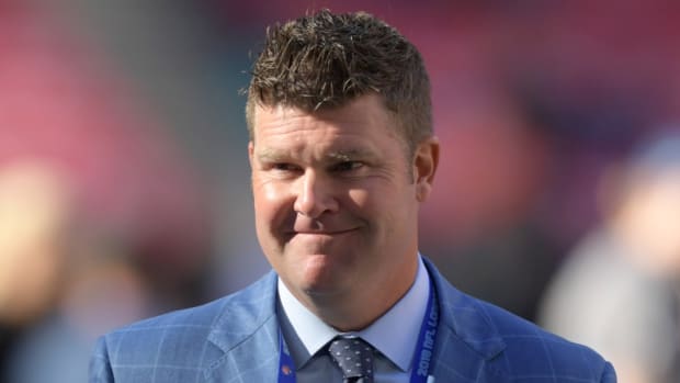 Tennessee Titans general manager Jon Robinson reacts during an NFL International Series game against the Los Angeles Chargers at Wembley Stadium.
