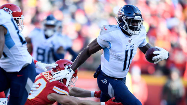 Tennessee Titans wide receiver A.J. Brown (11) gains yards during the first quarter of the AFC Championship game against the Kansas City Chiefs at Arrowhead Stadium Sunday, Jan. 19, 2020 in Kansas City, Mo. (Andrew Nelles / Tennesseean)