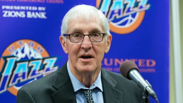 Former Utah Jazz head coach Jerry Sloan talks with the media as part of a celebration of the 20th anniversary of the franchise's first Western Conference Championship at Vivint Smart Home Arena in 2017.