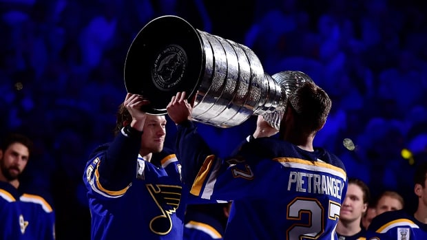 St. Louis Blues lift the Stanley Cup Trophy