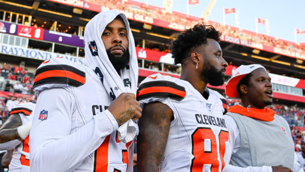 Aug 23, 2019; Tampa, FL, USA; Cleveland Browns wide receiver Odell Beckham (13) and wide receiver Jarvis Landry (80) stand on the sidelines prior to the game against the Tampa Bay Buccaneers at Raymond James Stadium. Mandatory Credit: Douglas DeFelice-USA TODAY Sports