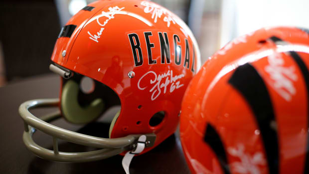 Signed helmets are set up to be auctioned during the Legends Past and Present event benefitting the Andy and JJ Dalton Foundation and Ken Anderson Alliance at Paul Brown Stadium in downtown Cincinnati on Tuesday, April 30, 2019. Bengals Legends Past And Present