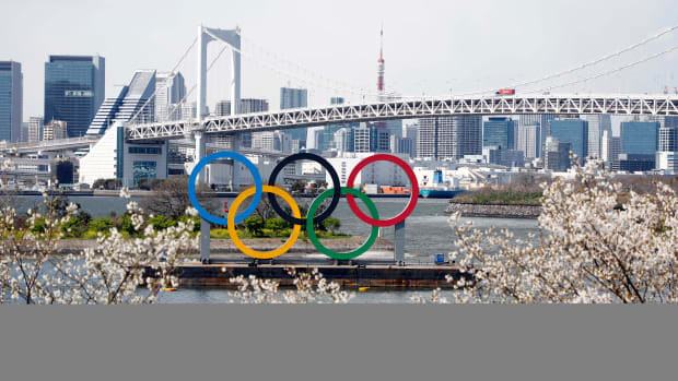 The Olympic Rings stand in Tokyo, Japan, the host for the 2020 Summer Games that have been postponed to 2021 due to the coronavirus pandemic.