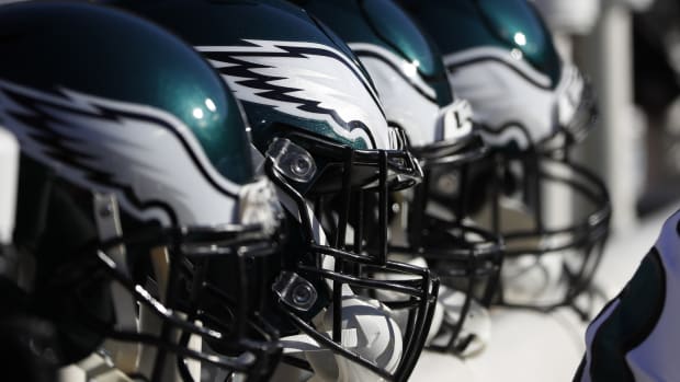 Dec 15, 2019; Landover, MD, USA; Philadelphia Eagles players helmets rest on the bench against the Washington Redskins in the first quarter at FedExField.