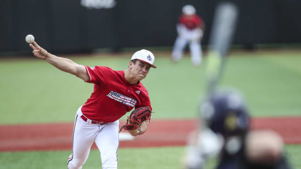 Louisville pitcher Bobby Miller throws towards home against East Carolina in Saturday's Super Regional at Patterson Stadium. June 8, 2019.Uofl Baseball Plays East Carolina Super Regional 2019