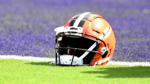 Sep 29, 2019; Baltimore, MD, USA; A Cleveland Browns helmet on the field before a football game against the Baltimore Ravens at M&T Bank Stadium. Mandatory Credit: Mitchell Layton-USA TODAY Sports
