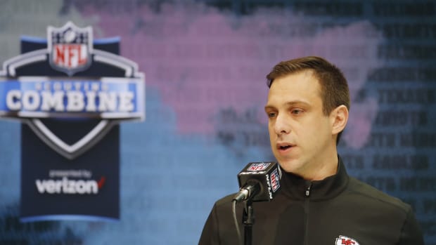Feb 25, 2020; Indianapolis, Indiana, USA; Kansas City Chiefs general manager Brett Veach speaks to the media during the NFL Combine at the Indiana Convention Center. Mandatory Credit: Brian Spurlock-USA TODAY Sports