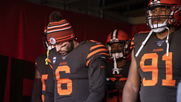 Dec 22, 2019; Cleveland, Ohio, USA; Cleveland Browns quarterback Baker Mayfield (6) and defensive tackle Eli Ankou (91) stand in the tunnel before the start of the game against the Baltimore Ravens at FirstEnergy Stadium. Mandatory Credit: Scott Galvin-USA TODAY Sports