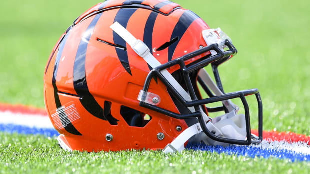 Sep 22, 2019; Orchard Park, NY, USA; General view of a Cincinnati Bengals helmet prior to the game against the Buffalo Bills at New Era Field. Mandatory Credit: Rich Barnes-USA TODAY Sports