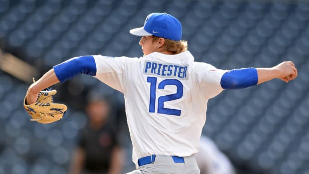 Aug 12, 2018; San Diego, CA, U.S.A; West team pitcher Quinn Priester (12) pitches to a East team batter during the second inning the of the 2018 Perfect Game All-American Classic baseball game at Petco Park. Mandatory Credit: Orlando Ramirez-USA TODAY Sports