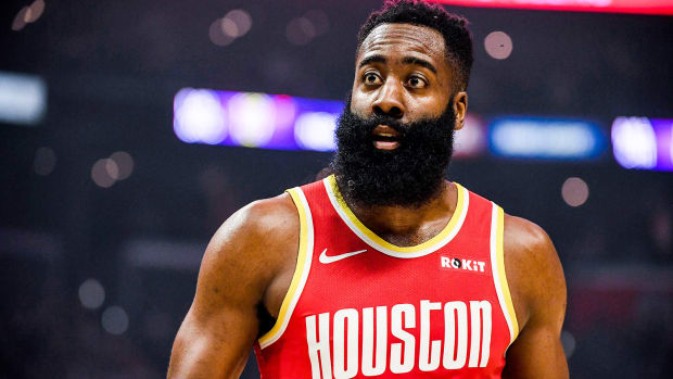 Houston Rockets guard James Harden reacts