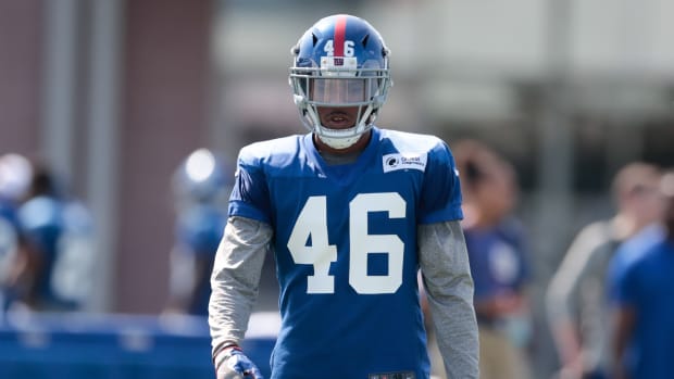 Jul 25, 2019; East Rutherford, NJ, USA; New York Giants linebacker Mark McLaurin (46) during the first day of training camp at Quest Diagnostics Training Center.