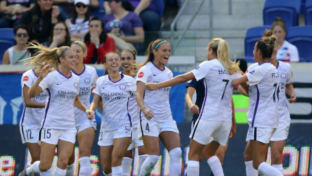 Shelina Zadorsky (#4), of the Orlando Pride, celebrates her goal in the first half of a Sept. 2019 game.