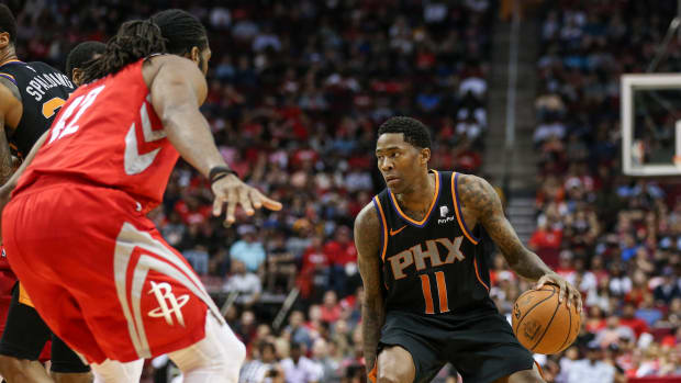 Apr 7, 2019; Houston, TX, USA; Phoenix Suns guard Jamal Crawford (11) dribbles the ball during the third quarter against the Houston Rockets at Toyota Center. Mandatory Credit: Troy Taormina-USA TODAY Sports