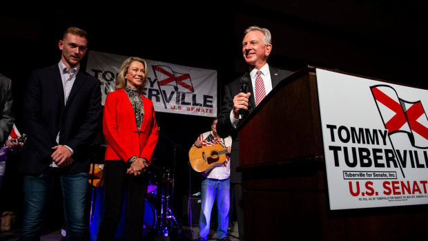 U.S. Senate candidate Tommy Tuberville speaks after being announced the winner of the primary run-off election