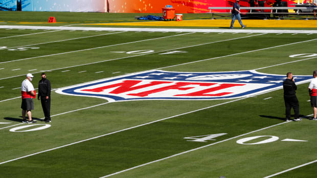 NFL logo on the field at Super Bowl LV