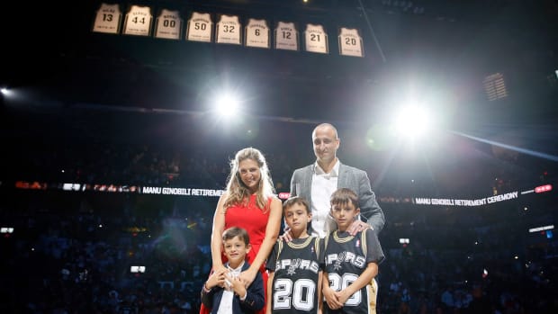 Mar 28, 2019; San Antonio, TX, USA; San Antonio Spurs former player Manu Ginobili poses for a photo with his family after his jersey retirement ceremony at AT&T Center after a game between the Cleveland Cavaliers and San Antonio Spurs.