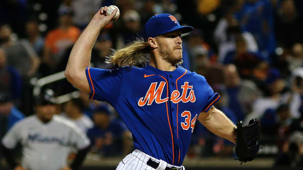 Sep 28, 2021; New York City, New York, USA; New York Mets starting pitcher Noah Syndergaard (34) delivers against the Miami Marlins during the first inning of game two of a doubleheader at Citi Field.