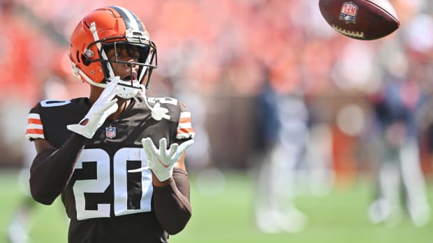 Sep 19, 2021; Cleveland, Ohio, USA; Cleveland Browns cornerback Greg Newsome II (20) warms up before the game between the Cleveland Browns and the Houston Texans at FirstEnergy Stadium. Mandatory Credit: Ken Blaze-USA TODAY Sports