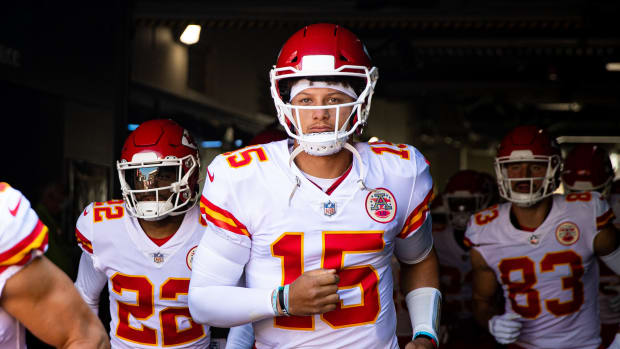 Oct 3, 2021; Philadelphia, Pennsylvania, USA; Kansas City Chiefs quarterback Patrick Mahomes (15) leads his team out of the tunnel for action against the Philadelphia Eagles at Lincoln Financial Field. Mandatory Credit: Bill Streicher-USA TODAY Sports