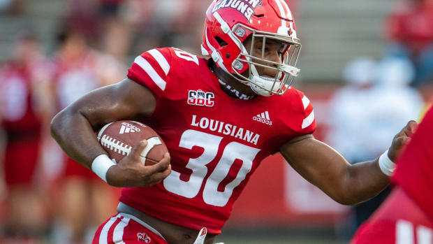 Louisiana Ragin' Cajuns running back Terrence Williams holds a ball during pre-game warm-up as the Cajuns prepare to take on Ohio on Thursday, Sept. 16, 2021.

Cajuns Vs Ohio Football Pregame 5743