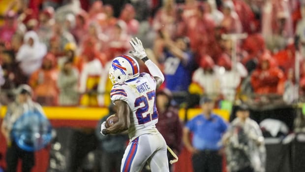 Bills cornerback Tre'Davious White (27) celebrates after recovering a fumble against the Kansas City Chiefs during the second half at GEHA Field at Arrowhead Stadium.