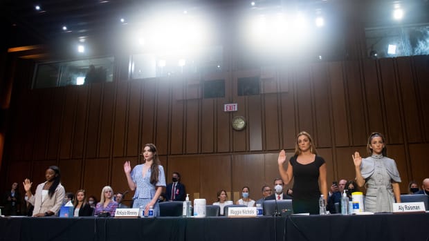 US Olympic gymnasts Simone Biles, McKayla Maroney, Maggie Nichols, and Aly Raisman, are sworn in to testify during a Senate Judiciary hearing about the Inspector General's report on the FBI handling of the Larry Nassar investigation of sexual abuse of Olympic gymnasts, on Capitol Hill, September 15, 2021, in Washington, DC.
