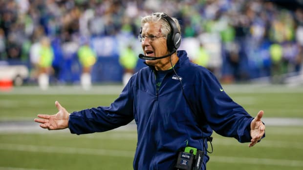 NFL: Los Angeles Rams at Seattle Seahawks Oct 7, 2021; Seattle, Washington, USA; Seattle Seahawks head coach Pete Carroll reacts to a non-call of pass interference during the fourth quarter against the Los Angeles Rams at Lumen Field. Mandatory Credit: Joe Nicholson-USA TODAY Sports