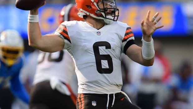 Oct 10, 2021; Inglewood, California, USA; Cleveland Browns quarterback Baker Mayfield (6) throws against the Los Angeles Chargers during the second half at SoFi Stadium. Mandatory Credit: Gary A. Vasquez-USA TODAY Sports