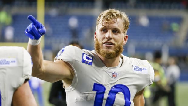 Oct 7, 2021; Seattle, Washington, USA; Los Angeles Rams wide receiver Cooper Kupp (10) walks to the locker room following a 26-17 victory against the Seattle Seahawks at Lumen Field. Mandatory Credit: Joe Nicholson-USA TODAY Sports