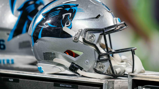 Aug 21, 2021; Charlotte, North Carolina, USA; Carolina Panthers helmet during the second half against the Baltimore Ravens at Bank of America Stadium.