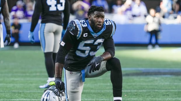 Oct 17, 2021; Charlotte, North Carolina, USA; Carolina Panthers defensive end Brian Burns (53) reacts to the overtime loss to the Minnesota Vikings at Bank of America Stadium.