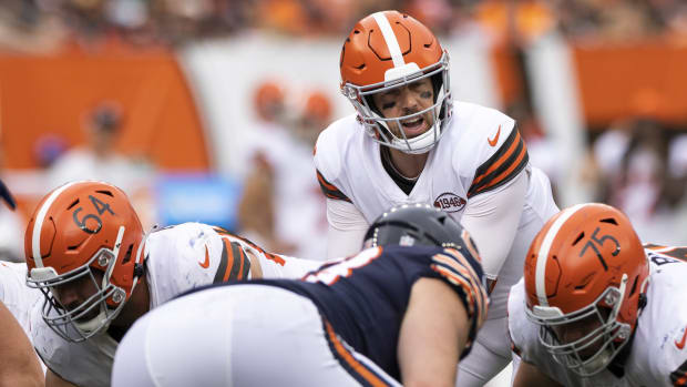 Sep 26, 2021; Cleveland, Ohio, USA; Cleveland Browns quarterback Case Keenum (5) calls out at the line of scrimmage against the Chicago Bears during the fourth quarter at FirstEnergy Stadium. Mandatory Credit: Scott Galvin-USA TODAY Sports