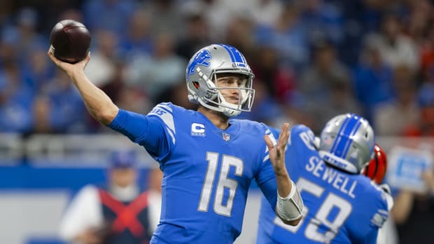 Oct 17, 2021; Detroit, Michigan, USA; Detroit Lions quarterback Jared Goff (16) passes the ball during the third quarter against the Cincinnati Bengals at Ford Field. Mandatory Credit: Raj Mehta-USA TODAY Sports