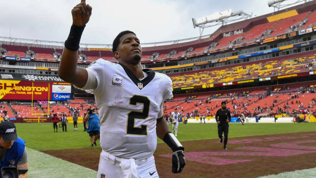 Oct 10, 2021; Landover, Maryland, USA; New Orleans Saints quarterback Jameis Winston (2) gestures after the game against the Washington Football Team at FedExField. Mandatory Credit: Brad Mills-USA TODAY Sports