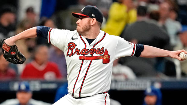 Atlanta Braves relief pitcher Tyler Matzek (68) pitches during the eighth inning against the Los Angeles Dodgers in game six of the 2021 NLCS at Truist Park.