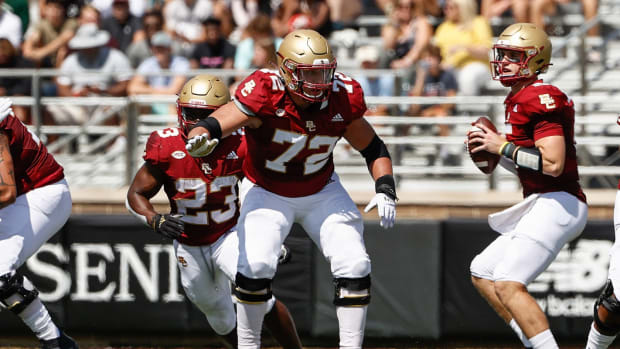 Sep 4, 2021; Chestnut Hill, Massachusetts, USA; Boston College Eagles offensive lineman Alec Lindstrom (72) looks to block against the Colgate Raiders during the first half at Alumni Stadium.