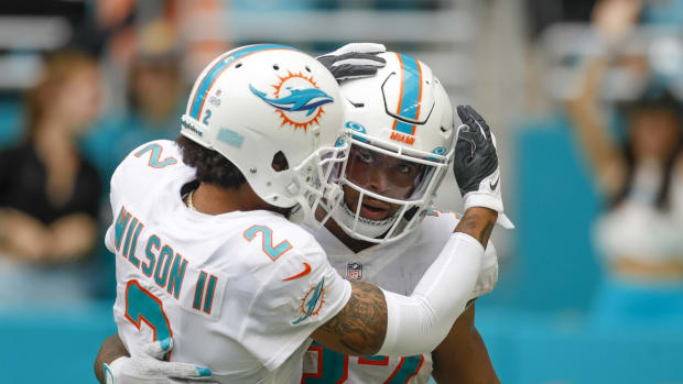 Oct 24, 2021; Miami Gardens, Florida, USA; Miami Dolphins running back Myles Gaskin (37) celebrates after scoring a touchdown with wide receiver Albert Wilson (2) against the Atlanta Falcons during the fourth quarter of the game at Hard Rock Stadium. Mandatory Credit: Sam Navarro-USA TODAY Sports