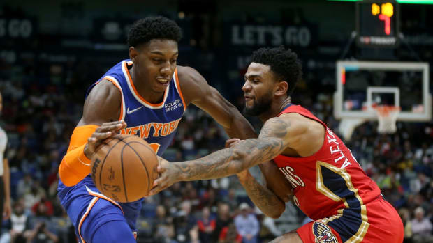 Oct 30, 2021; New Orleans, Louisiana, USA; New York Knicks guard RJ Barrett (9) is defended by New Orleans Pelicans guard Nickeil Alexander-Walker (6) in the second quarter at the Smoothie King Center. Mandatory Credit: Chuck Cook-USA TODAY Sports
