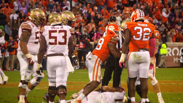 Clemson DE Myles Murphy with a sack against Florida State