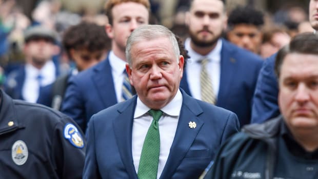 Oct 30, 2021; South Bend, Indiana, USA; Notre Dame Fighting Irish head coach Brian Kelly enters Notre Dame Stadium for the game against the North Carolina Tar Heels. Mandatory Credit: Matt Cashore-USA TODAY Sports