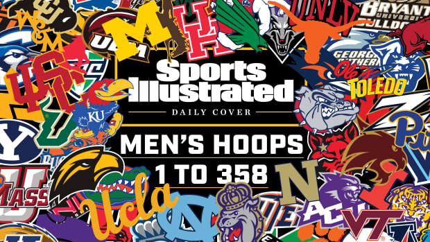 Logos surround the title "men's hoops 1–358"