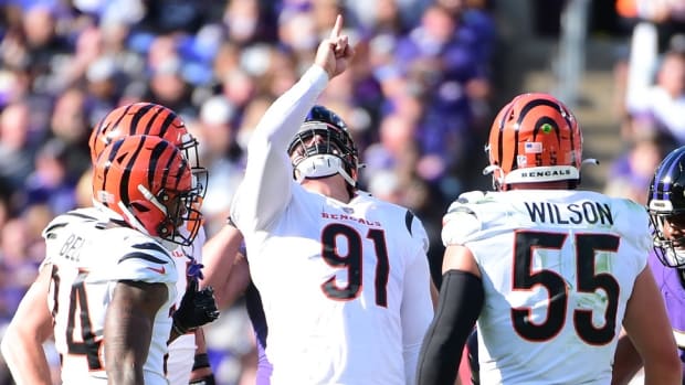 Oct 24, 2021;  Baltimore, Maryland, USA;  Cincinnati Bengals defensive end Trey Hendrickson (91) reacts after a sack in the third quarter against the Baltimore Ravens at M&T Bank Stadium.  Mandatory Credit: Evan Habeeb-USA TODAY Sports