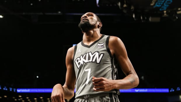 Oct 29, 2021; Brooklyn, New York, USA; Brooklyn Nets forward Kevin Durant (7) at Barclays Center. Mandatory Credit: Wendell Cruz-USA TODAY Sports